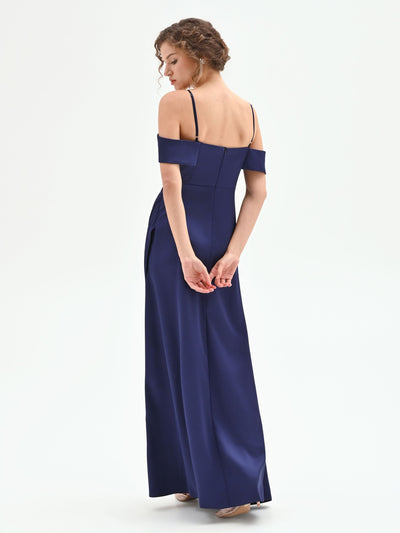 Abito lungo atelier blu indaco con drappeggio laterale