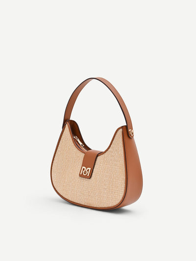 Borsa a sella beige effetto raffia