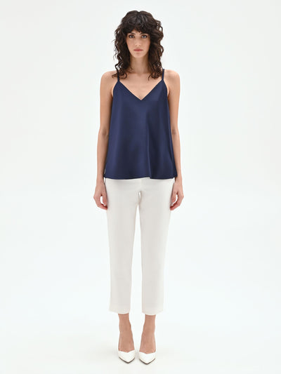 Top in raso blu navy con spalline sottili
