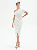 Abito midi bianco monospalla con drappeggi