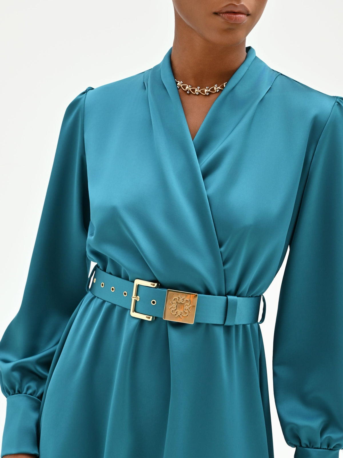 Abito midi in raso blu ottanio