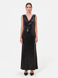 Abito lungo nero in paillettes con scollo posteriore drappeggiato