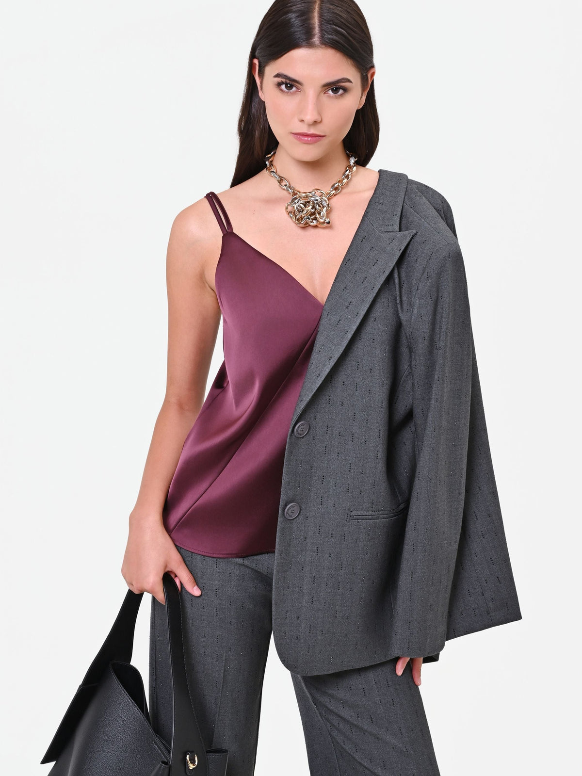 Top in raso bordeaux rosso con doppie spalline Giorgia Palmas X Rinascimento