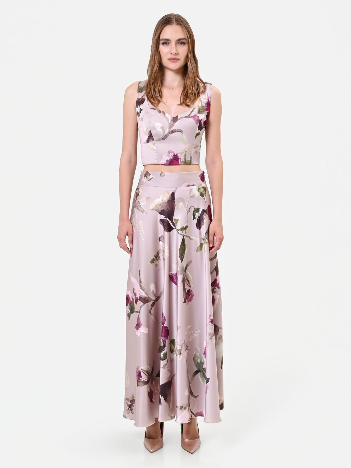 Gonna lunga in raso stampa floreale tortora beige