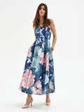 Abito midi blu ottanio con stampa floreale