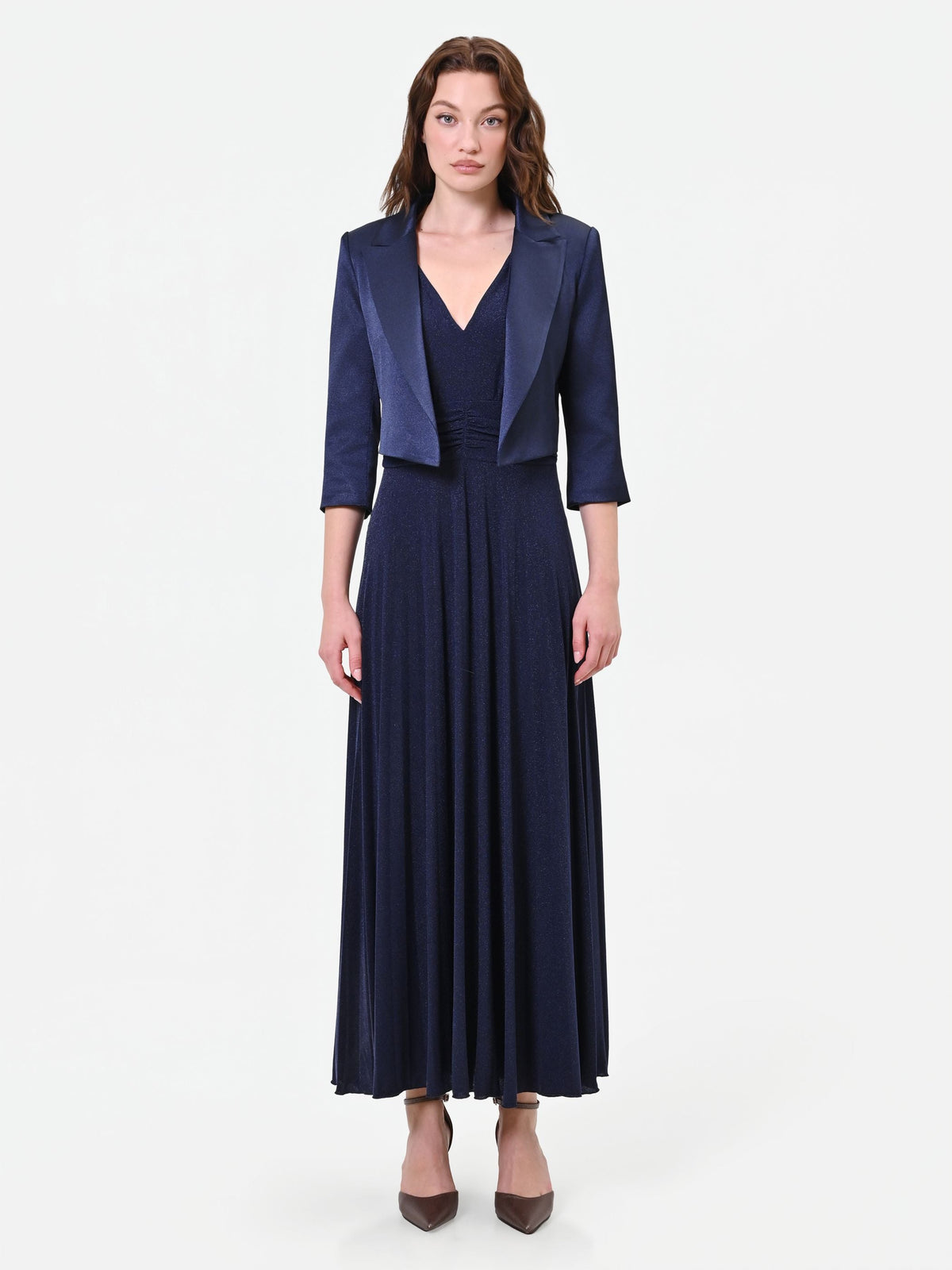 Giacca bolero blu navy con revers in raso