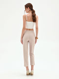 Pantalone cropped tortora beige con bottoni al fondo