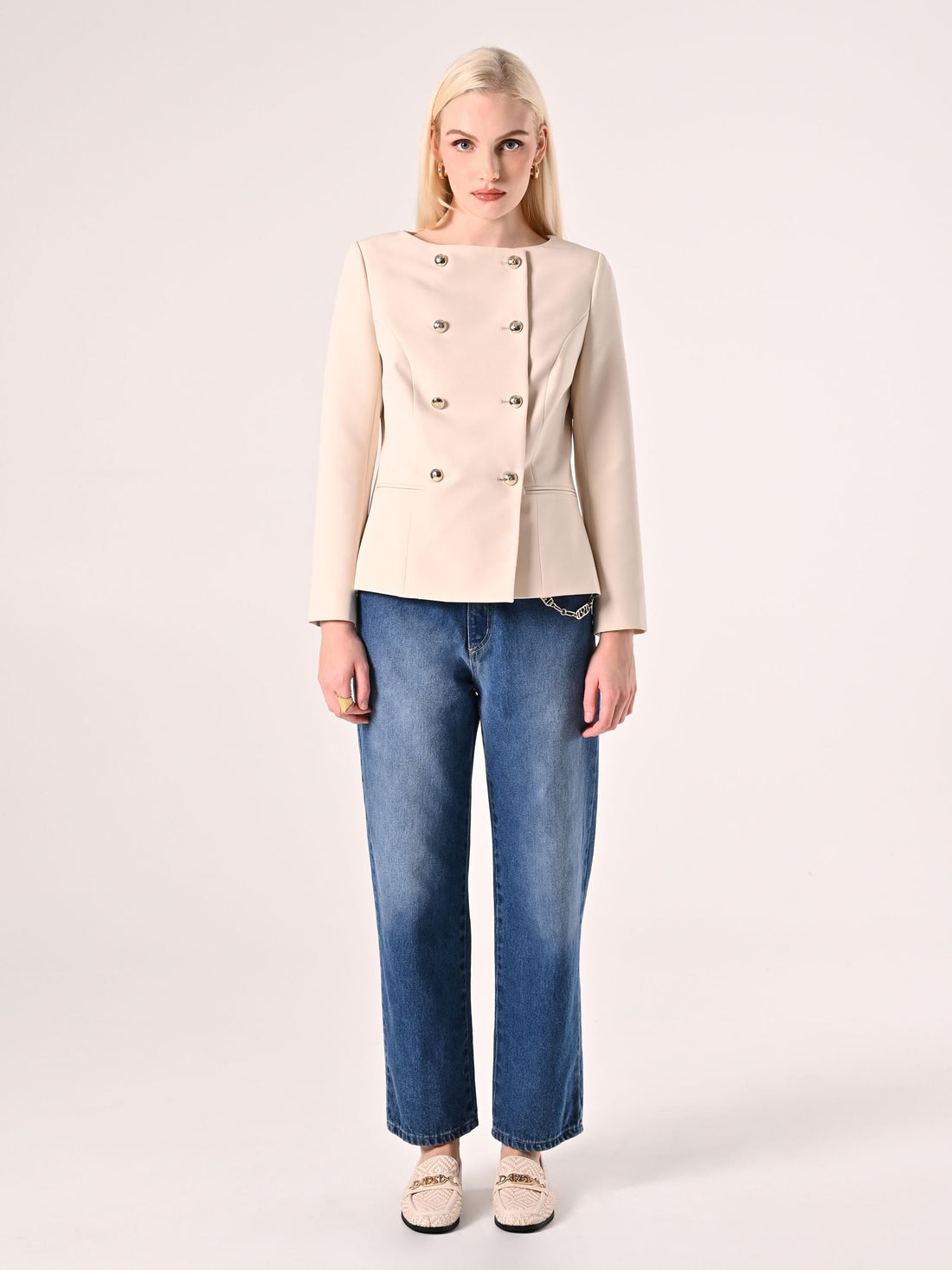 Giacca Doppiopetto in Tessuto Tecnico Beige Chiaro