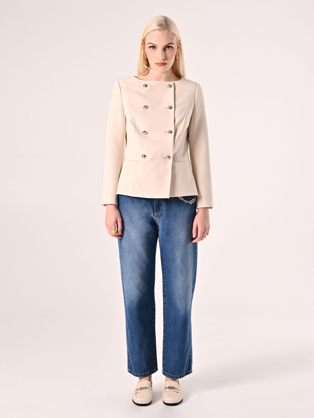 Giacca Doppiopetto in Tessuto Tecnico Beige Chiaro