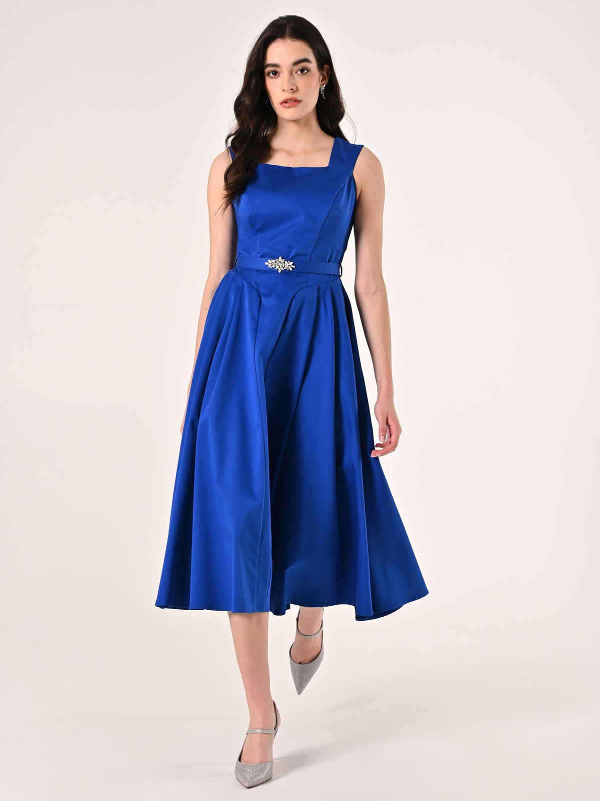 Abito Midi in Misto Cotone Blu Cina
