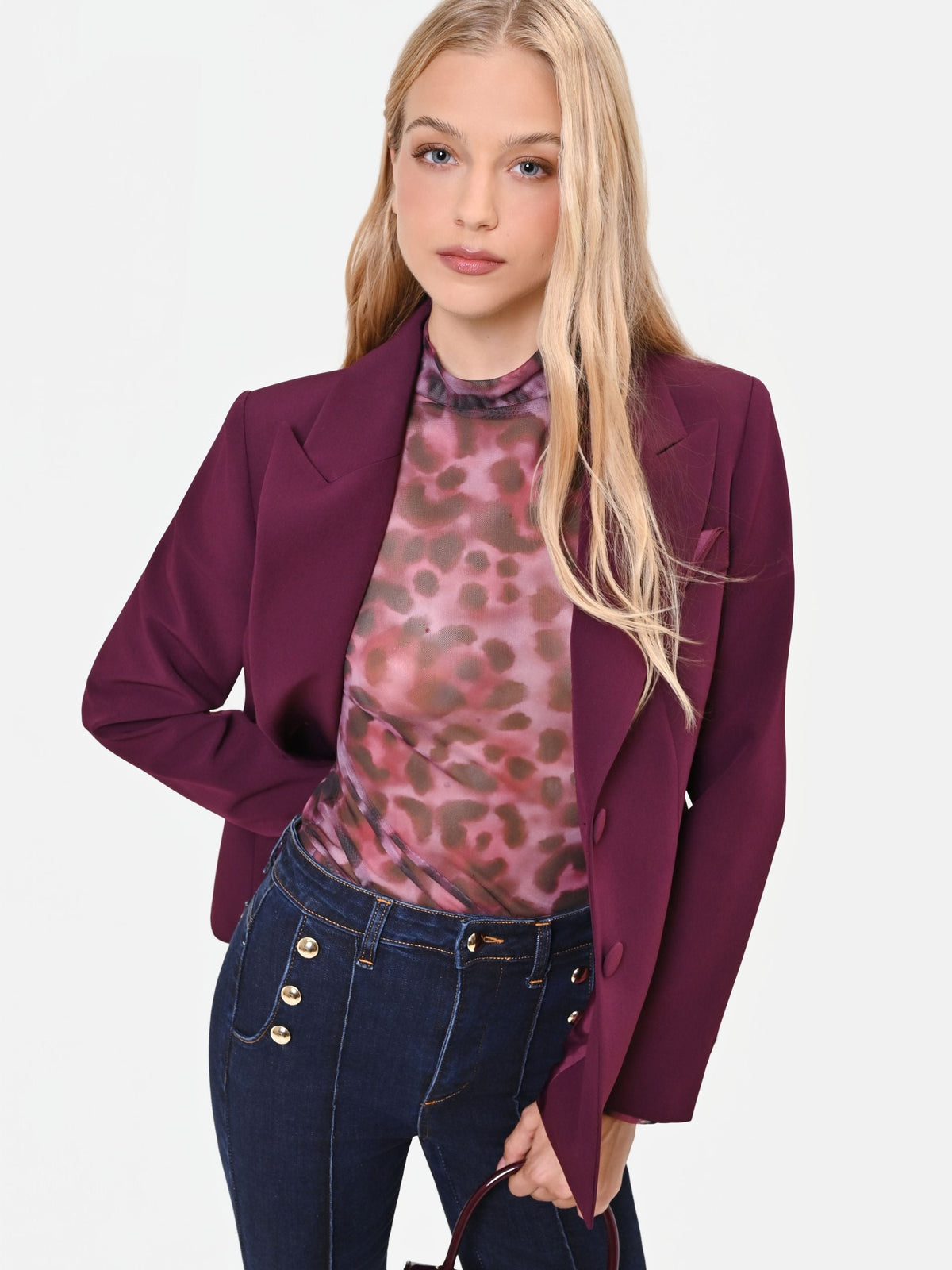Blusa in tulle aderente rosso bordeaux con stampa animalier