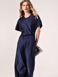 Abito Midi in Raso Blu con Nodo