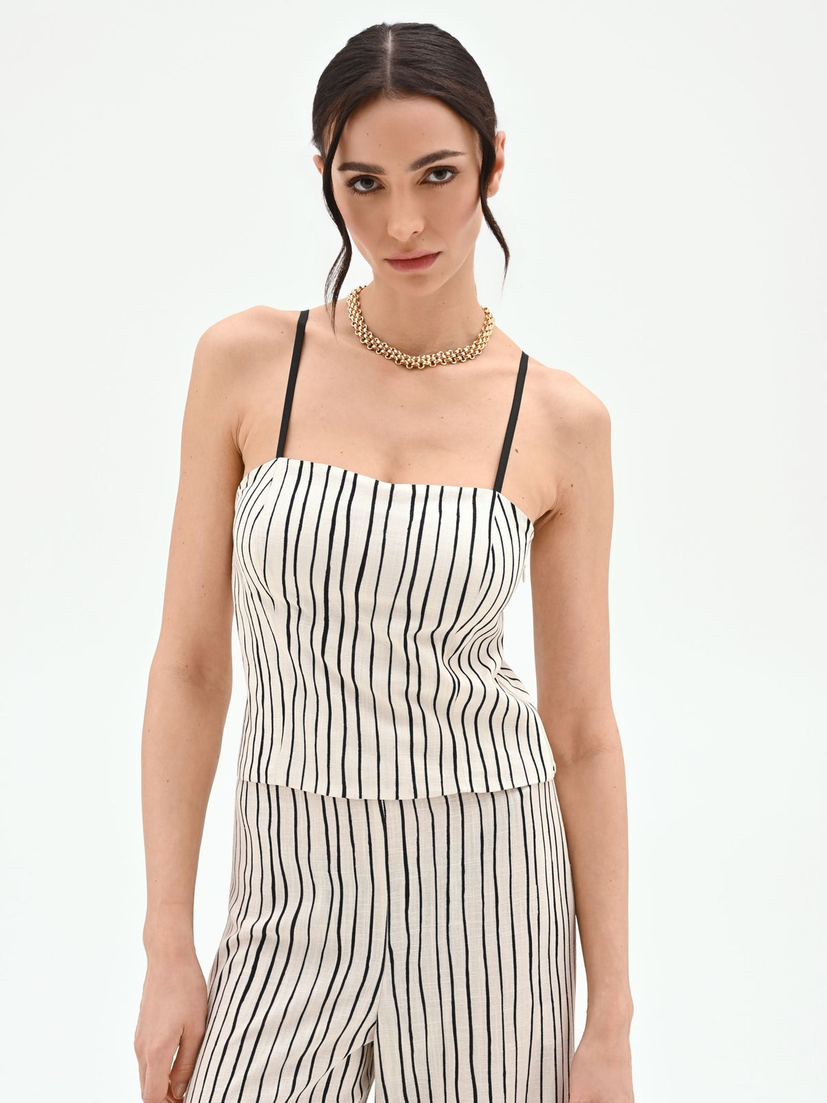 Top in lino panna con fantasia a righe