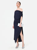 Abito lungo blu navy glitter con scollo drappeggiato