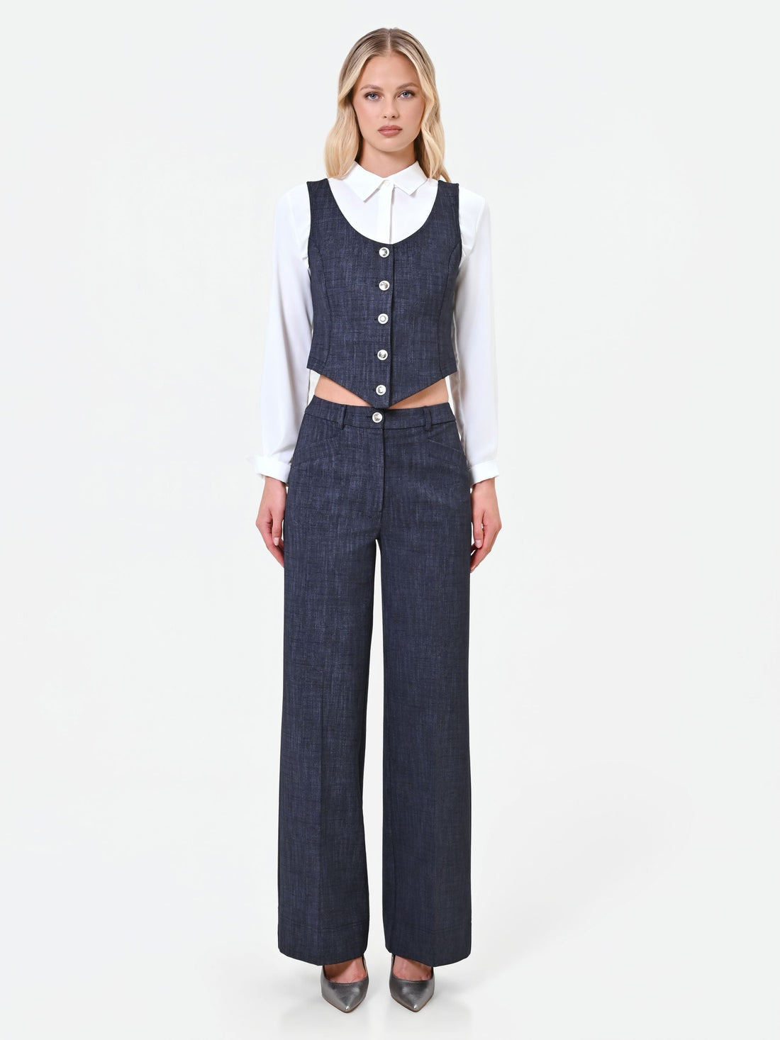 Pantalone blu navy in punto milano effetto denim