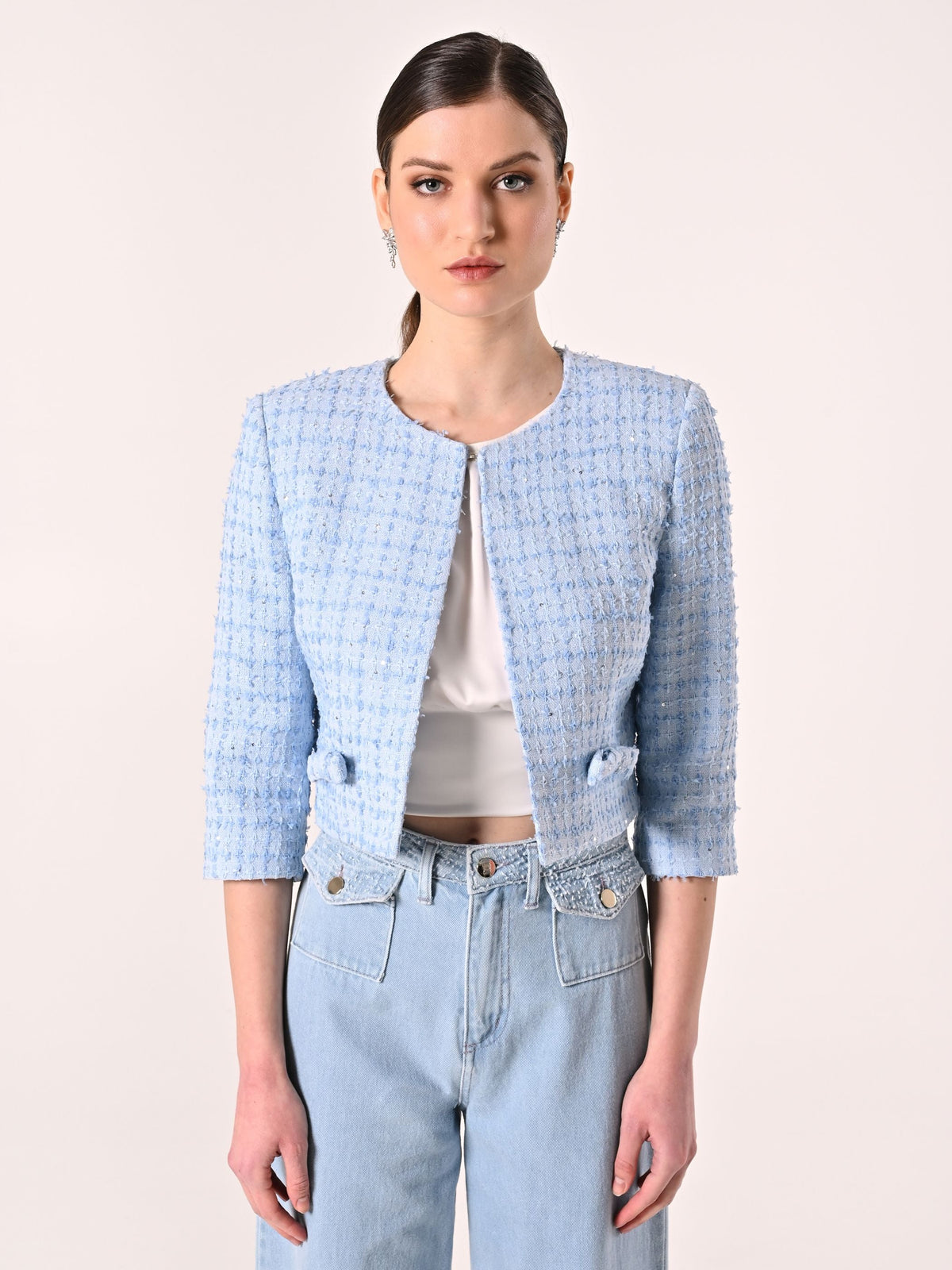 Giacca Azzurra in Tweed con Micro Paillettes