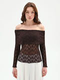 Blusa in pizzo cioccolato con spalle scoperte