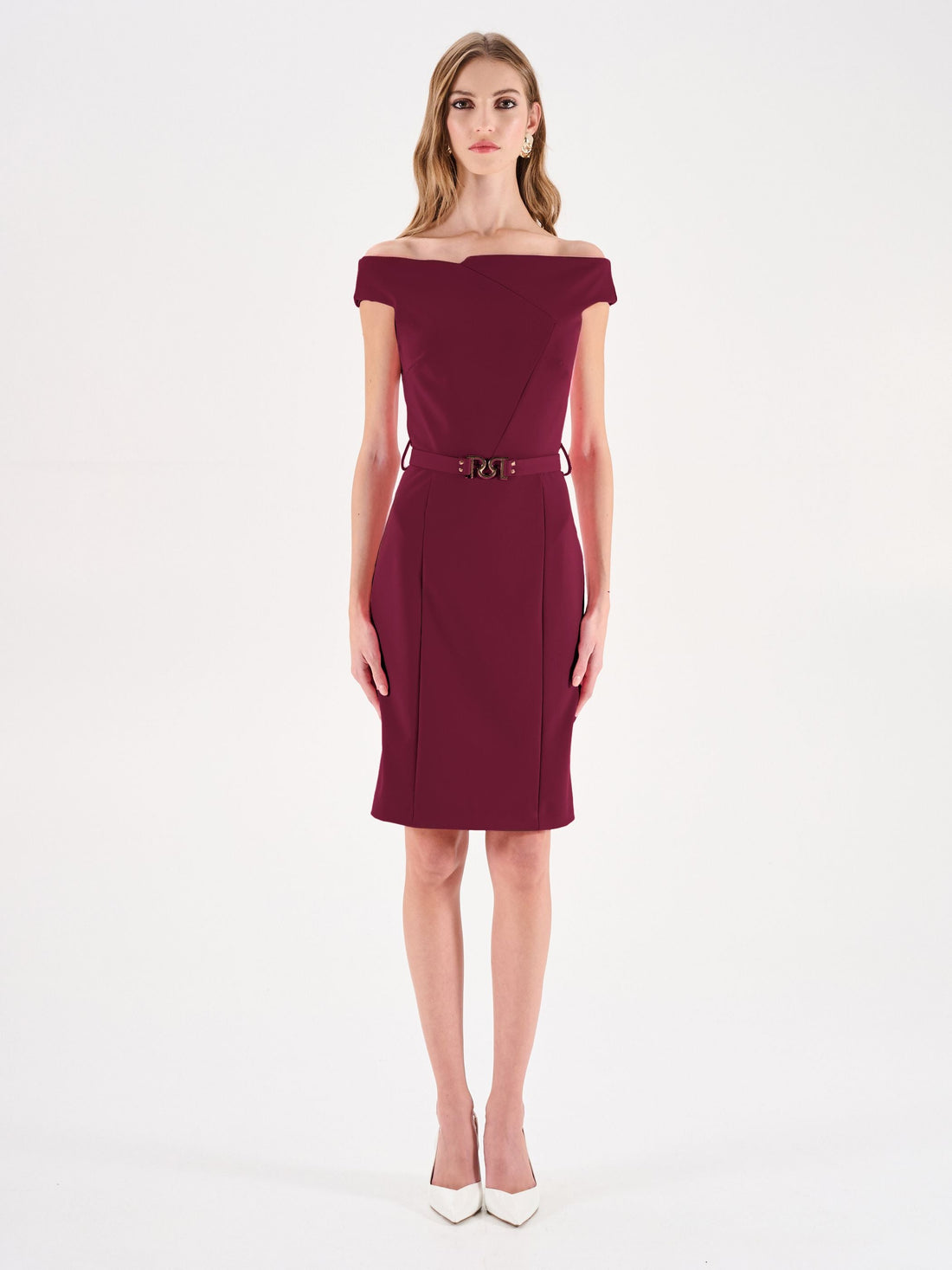 Abito tubino bordeaux in punto milano con scollo design