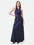 Abito lungo blu navy con scollo all'americana drappeggiato