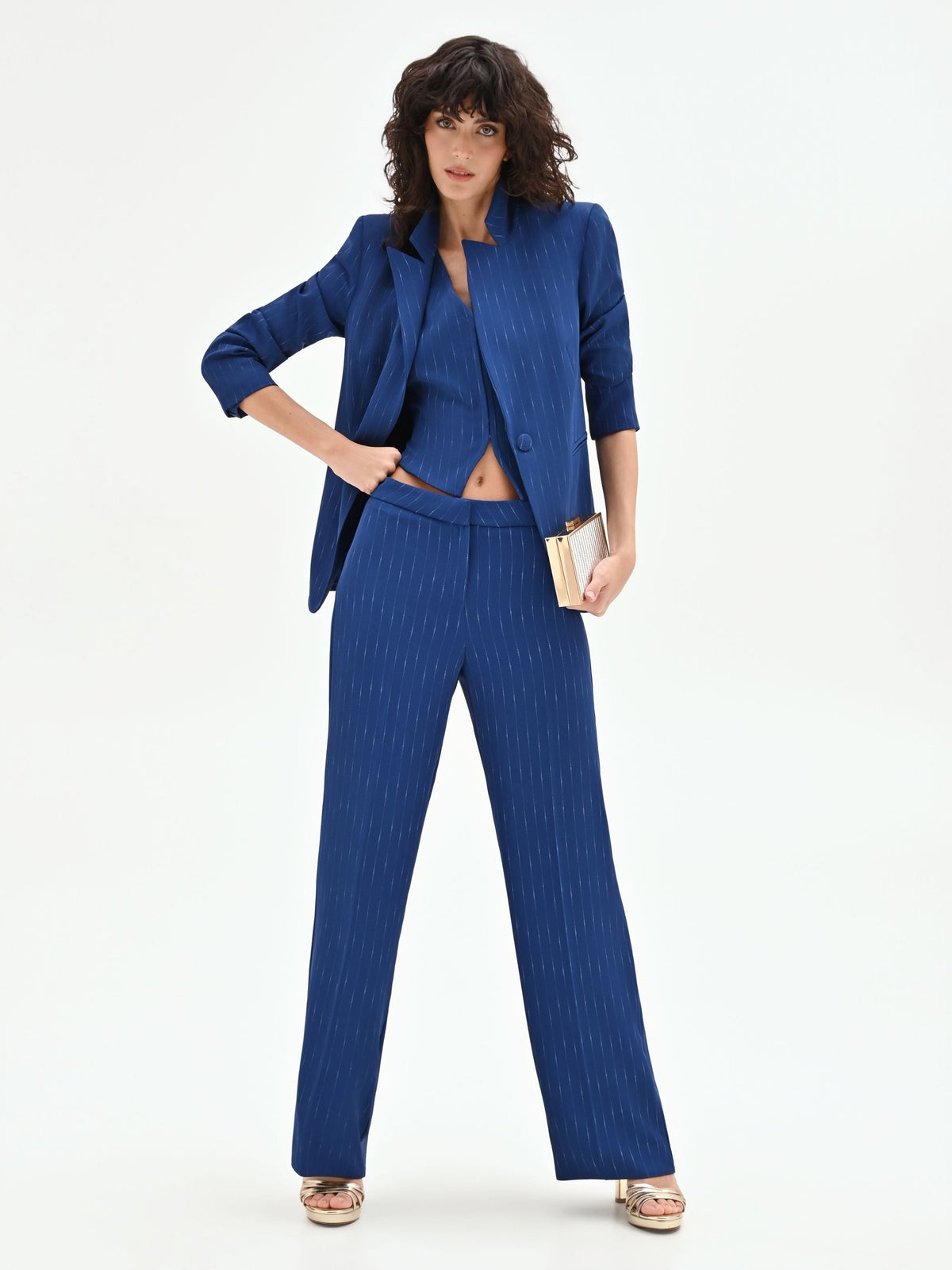 Pantalone gessato gamba ampia blu brillante a vita bassa
