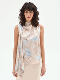 Top cielo azzurro con stampa acquerello e collo foulard
