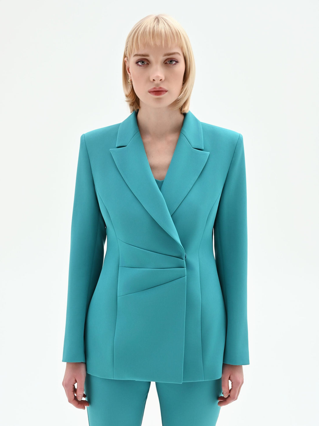 Giacca studio asimmetrica drappeggiata verde smeraldo