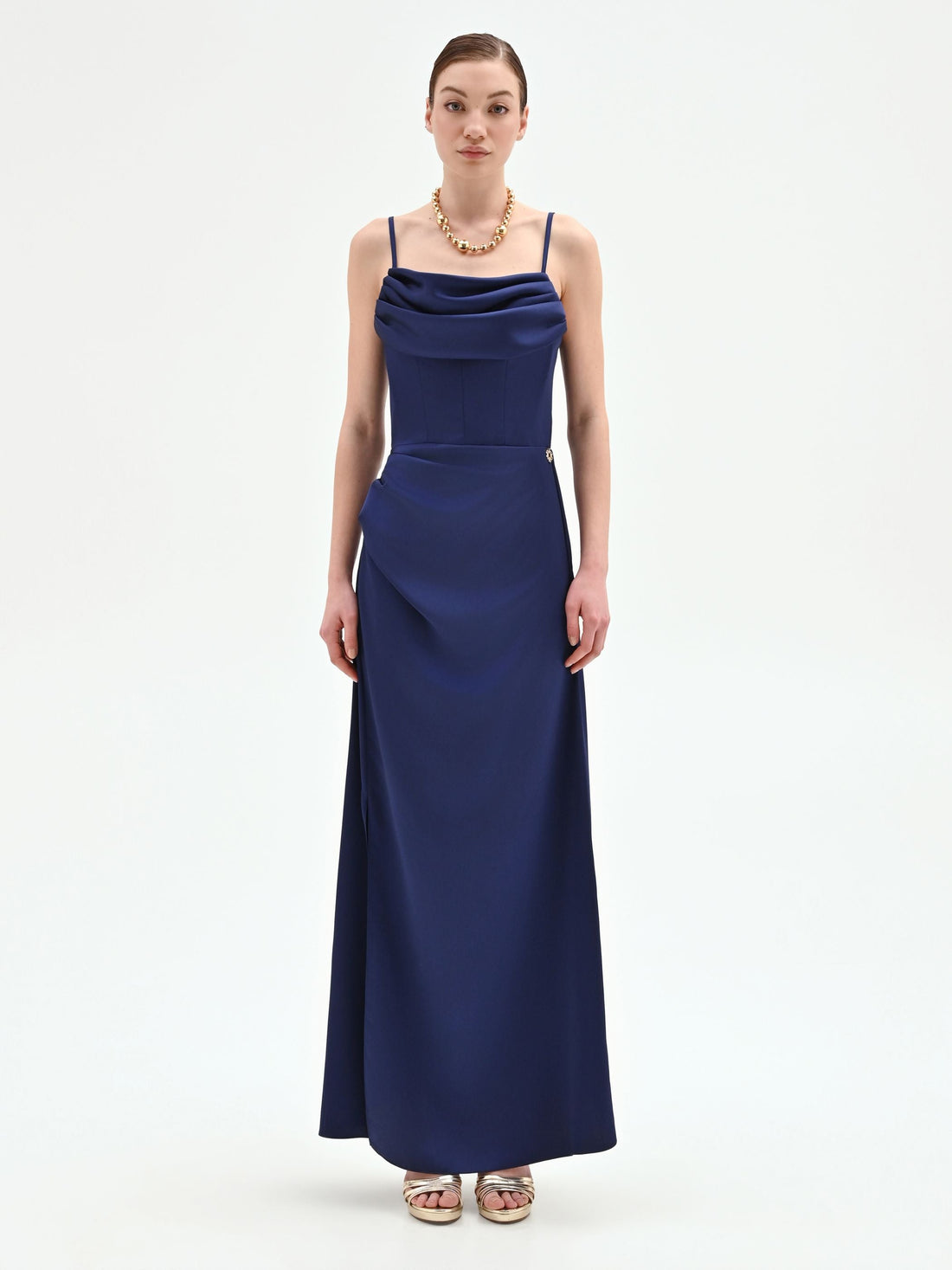 Abito atelier lungo blu indaco con corpetto drappeggiato