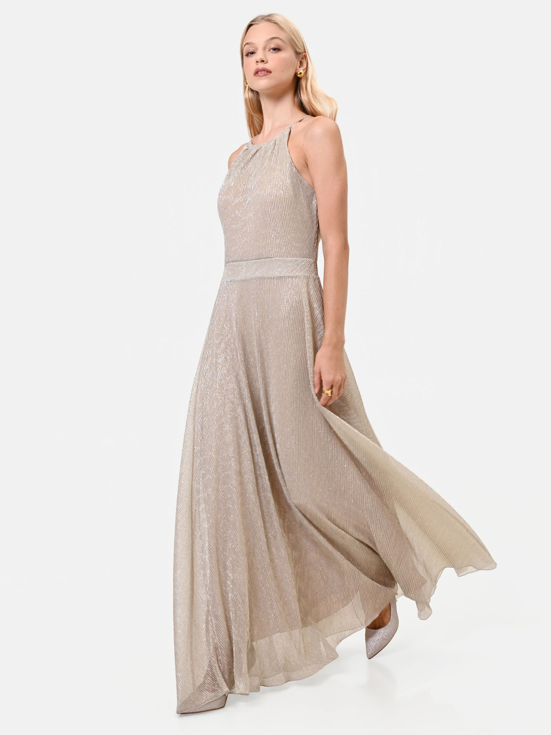 Abito lungo oro in georgette con scollo halter