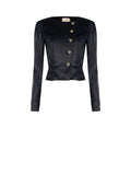 Giacca nera in similpelle con silhouette a peplo