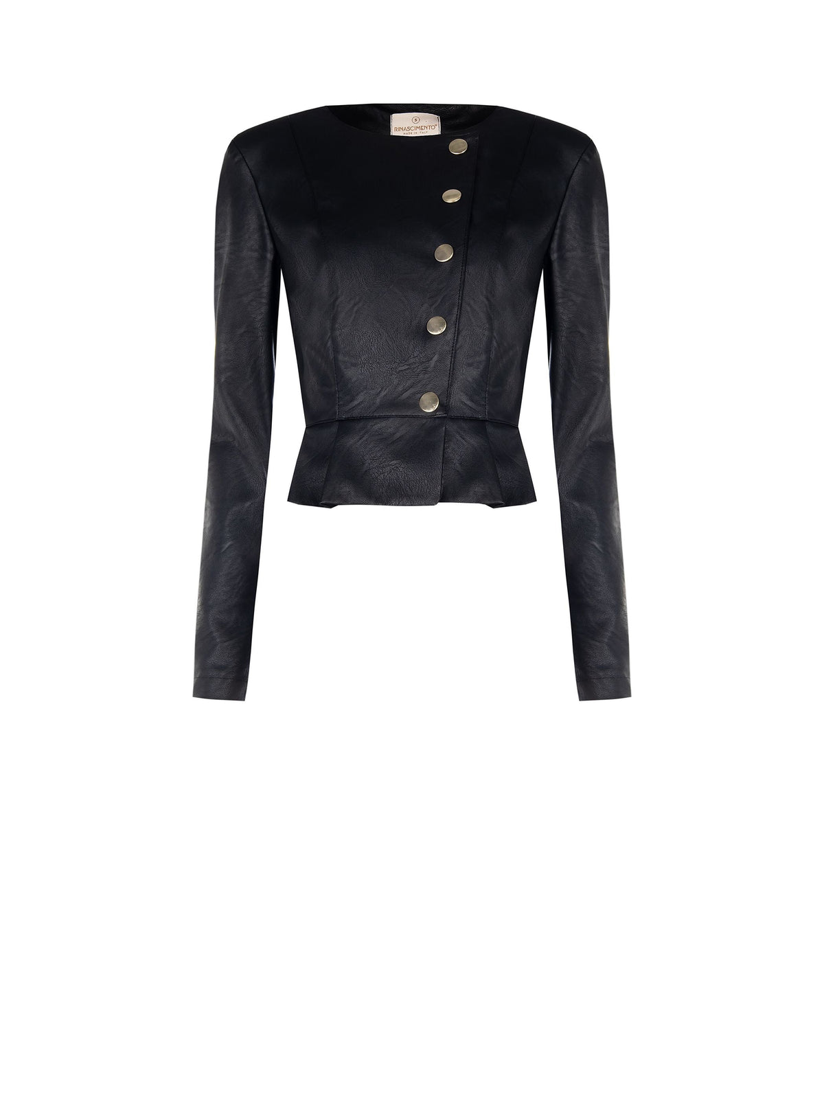 Giacca nera in similpelle con silhouette a peplo