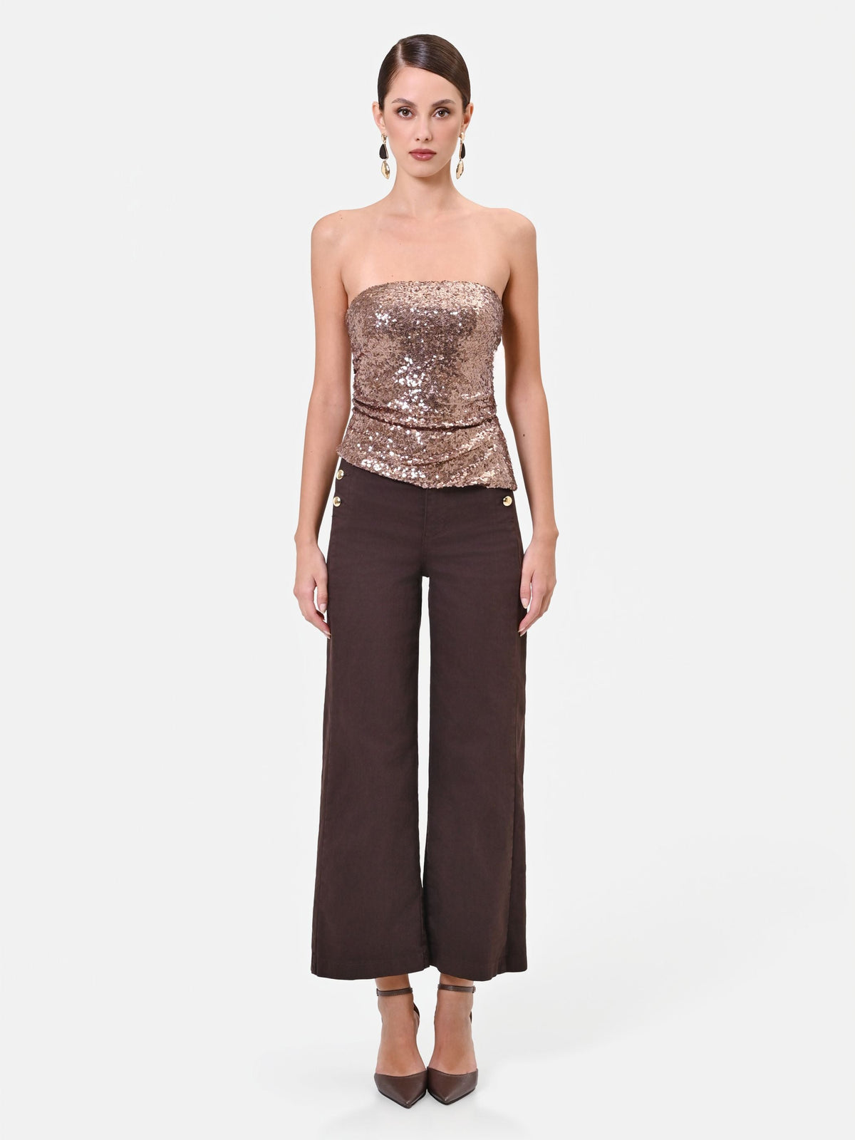 Top paillettes a fascia bronzo con drappeggio