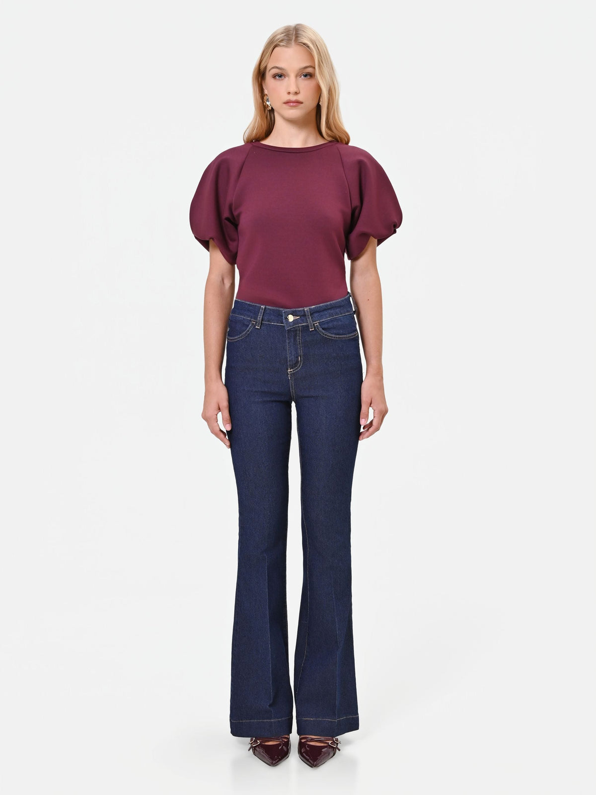 Pantaloni jeans a zampa blu high waist