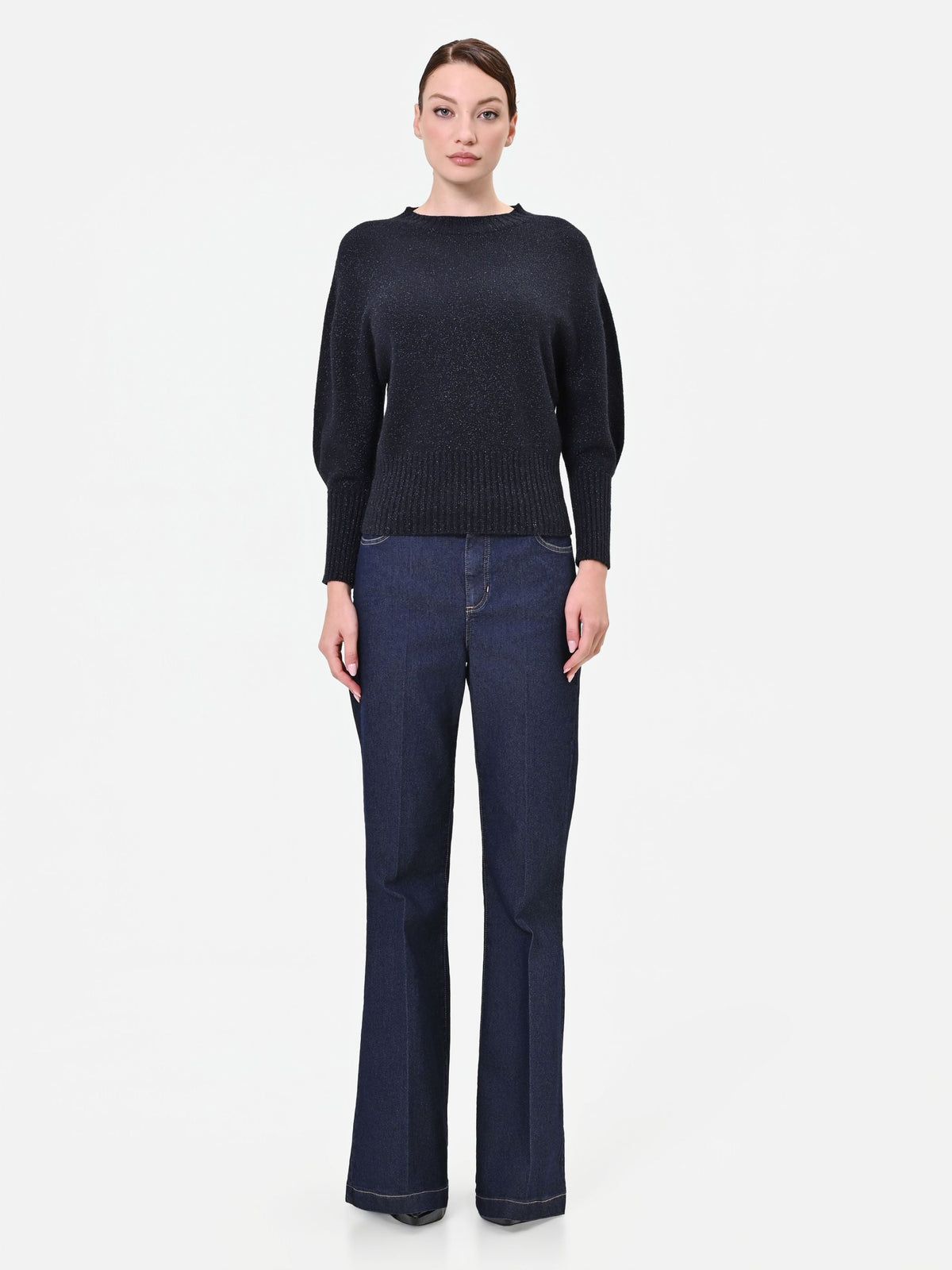 Maglia blu navy girocollo con filato luminoso in misto viscosa