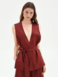 Gilet in lino rosso bordeaux con cintura