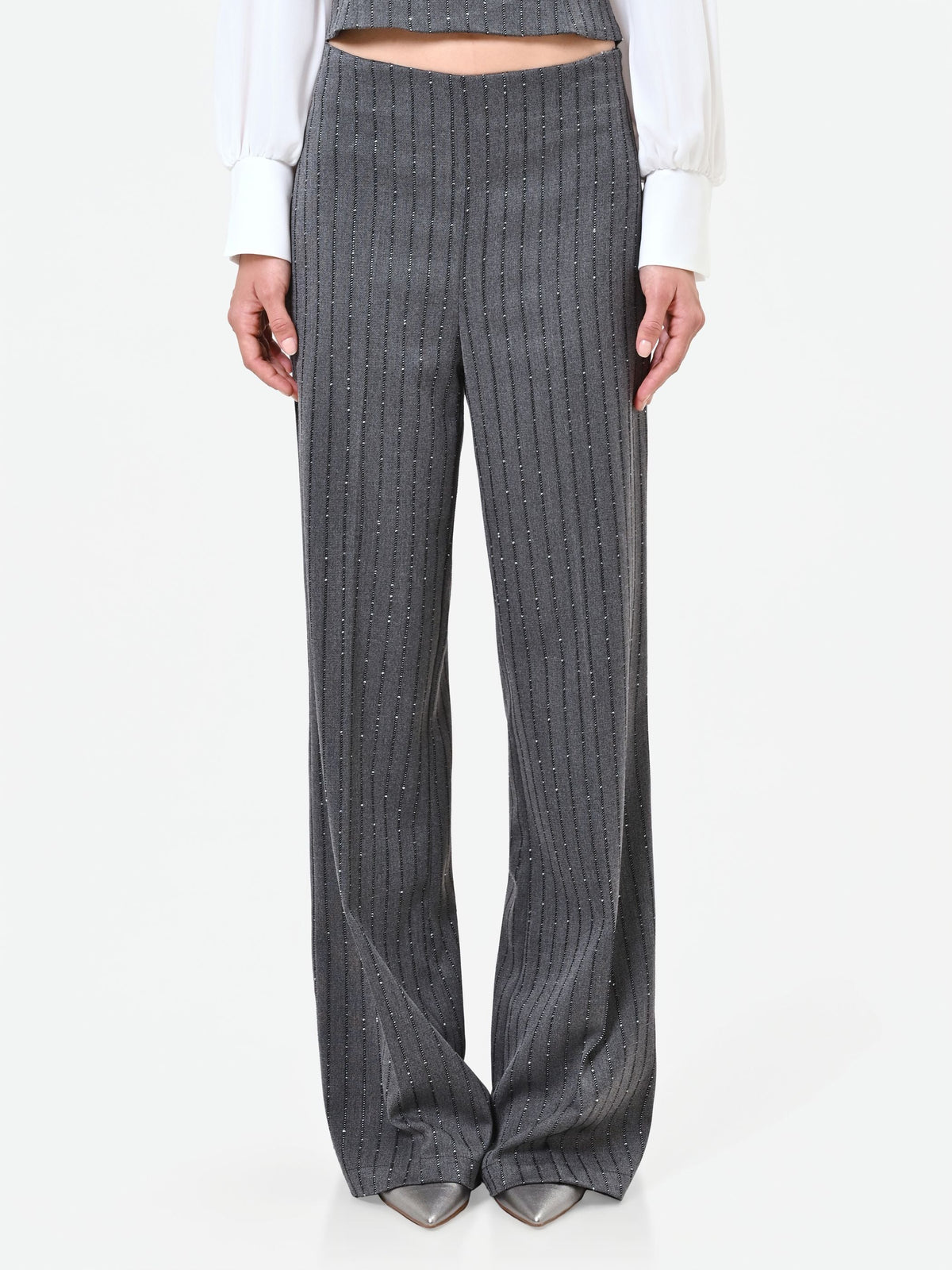 Pantalone gessato grigio con paillettes