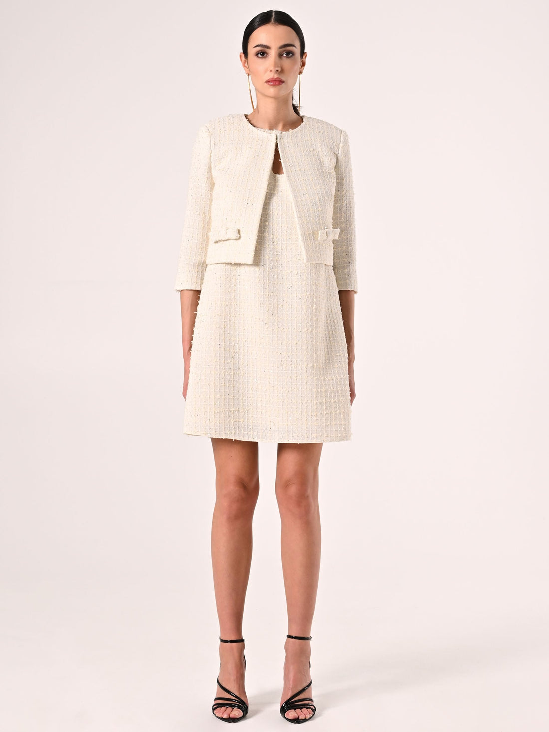 Giacca Beige Chiaro in Tweed con Micro Paillettes