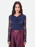 Blusa blu navy con scollo ad anello e maniche in pizzo