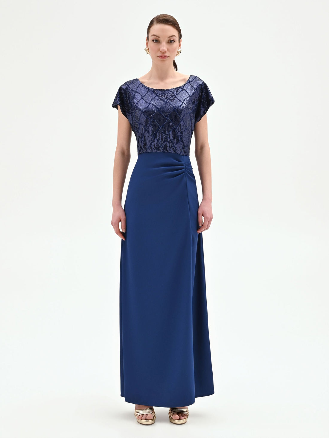 Abito lungo blu brillante con corpino di paillettes