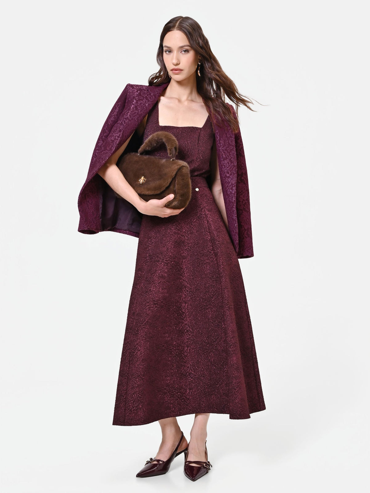 Gonna midi bordeaux intessuto jacquard lamé