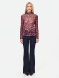 Blusa in tulle aderente rosso bordeaux con stampa animalier