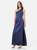 Abito lungo blu navy monospalla con drappeggio