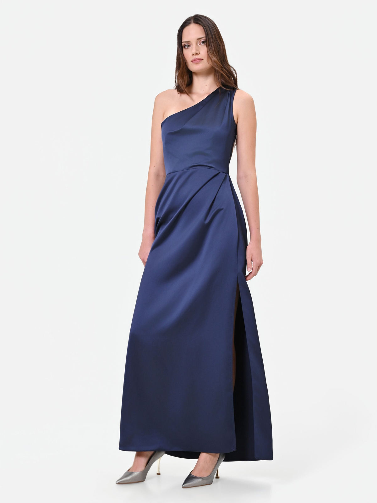 Abito lungo blu navy monospalla con drappeggio