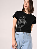 T-Shirt Nera in Cotone con Perle