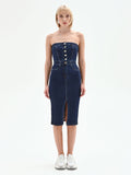 Abito a tubino in denim blu navy con bottoni dorati