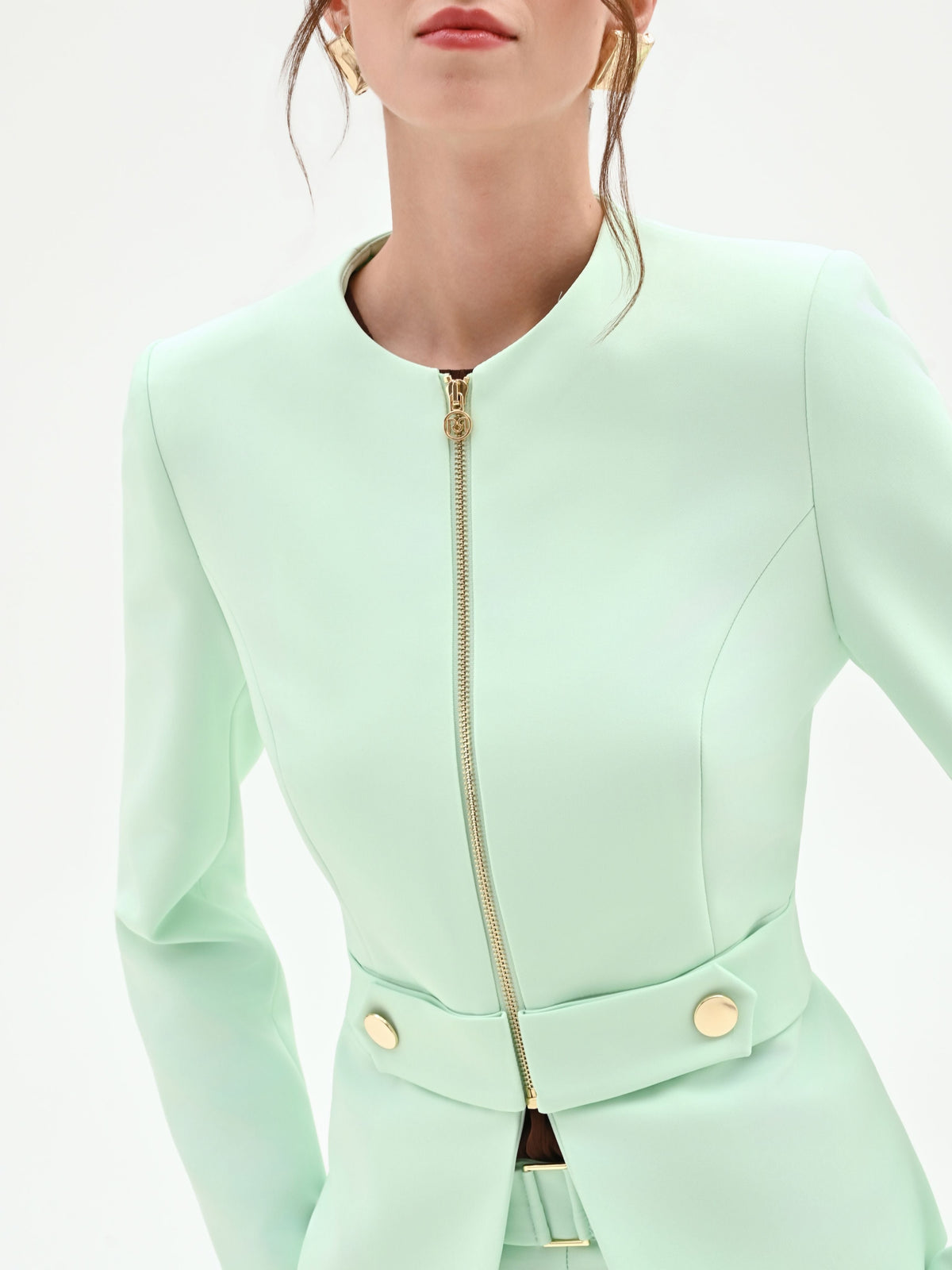 Giacca verde menta con zip e bottoni dorati