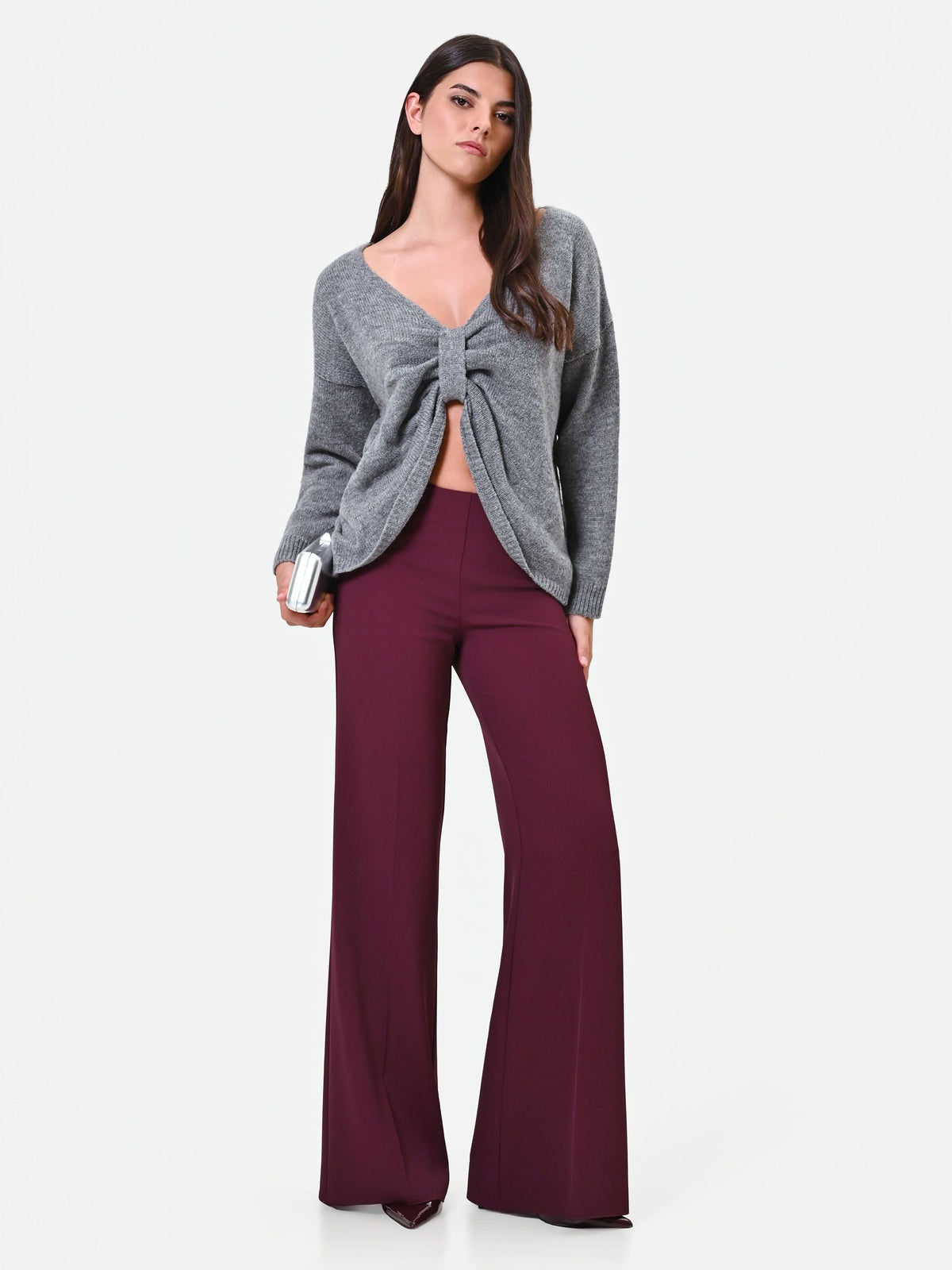 Pantalone a palazzo fluido bordeaux in cadi
