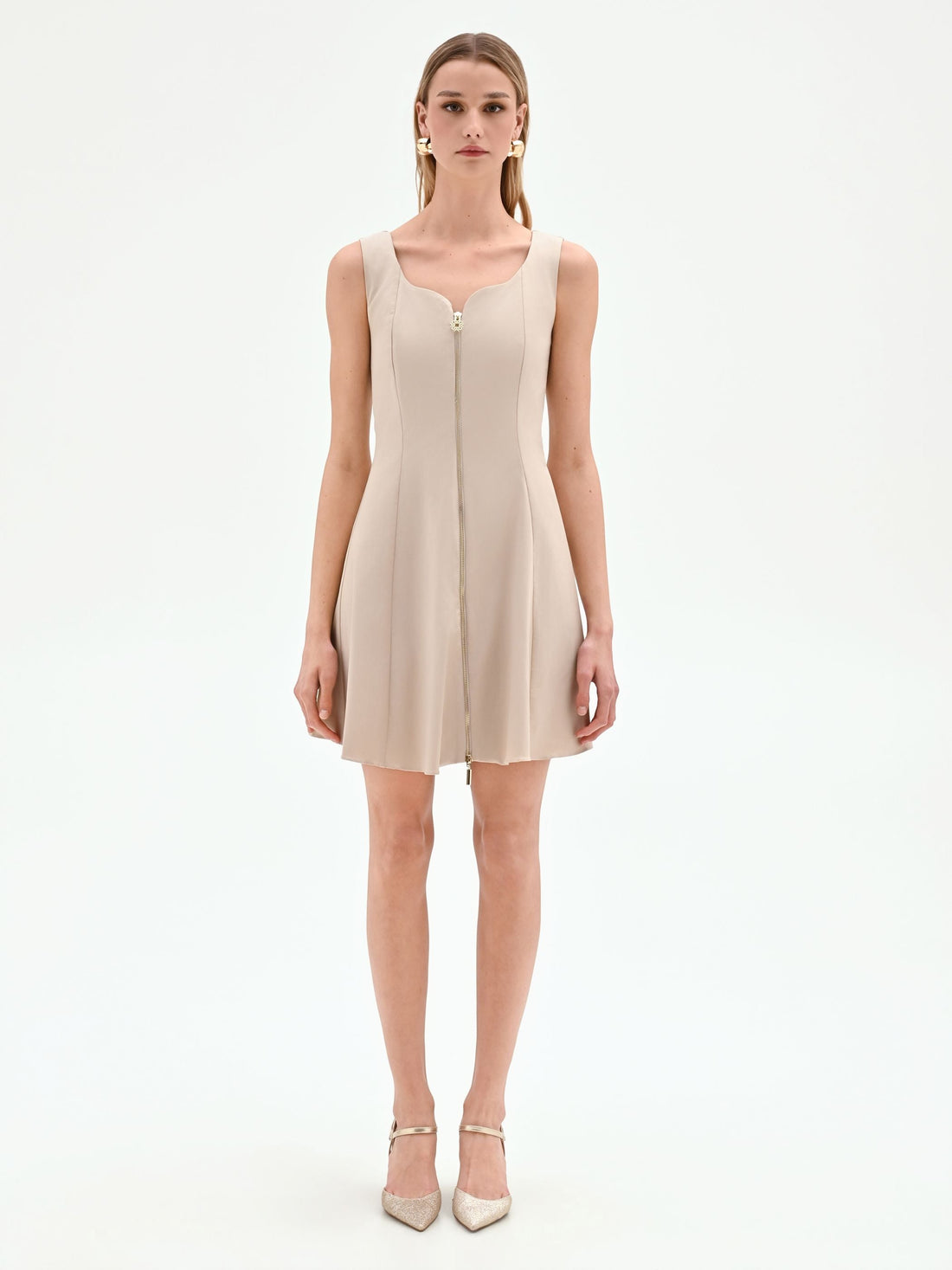 Abito corto tortora beige con zip frontale