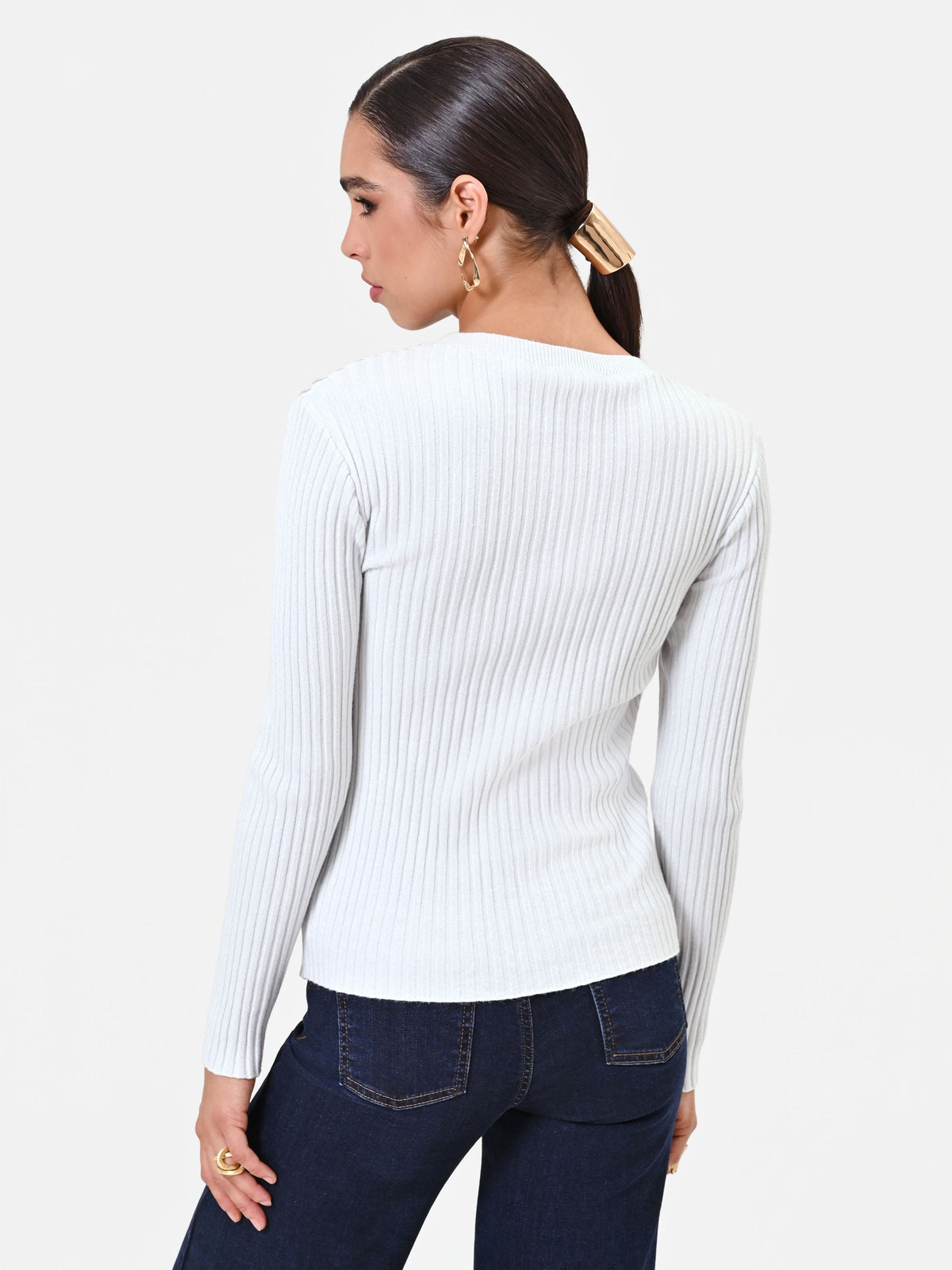 Maglia in viscosa bianco panna a coste con trasparenze