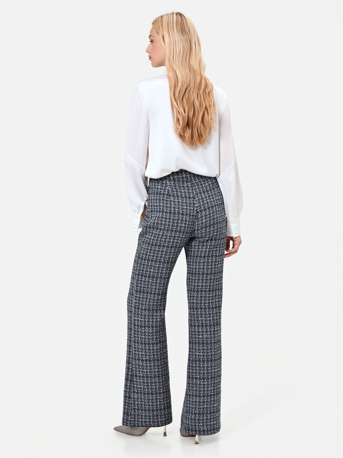Pantalone dritto in tessuto bouclé blu navy
