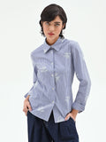 Camicia popeline a righe blu con ricami